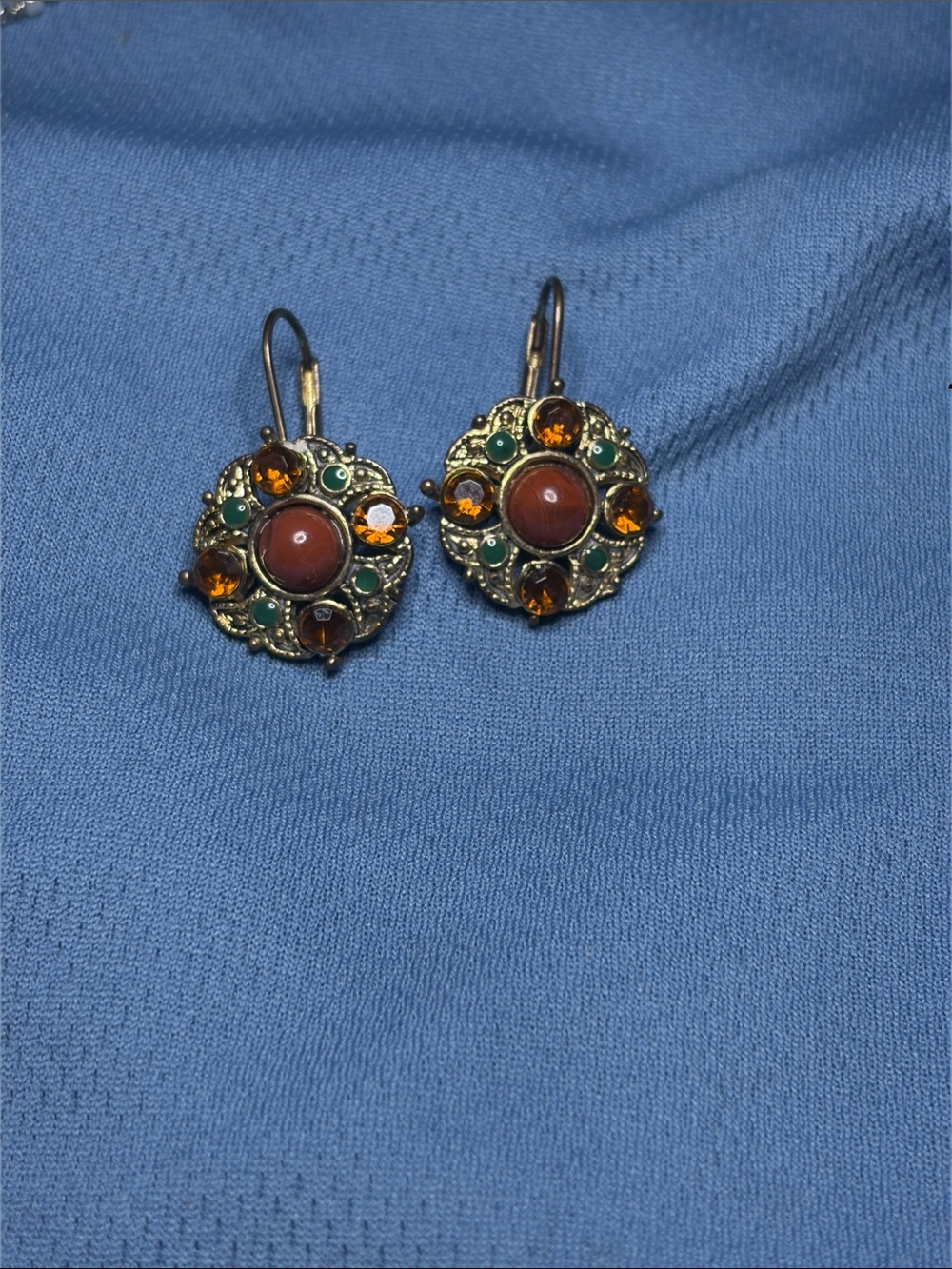 Vintage-Style Gold Tone Floral Drop Earrings with Amber and Coral Stones